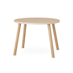 A round light oak wood side table with tapered legs, shown on a clean white background.