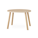 A round light oak wood side table with tapered legs, shown on a clean white background.