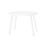 A minimalist white wooden stool with a round top and three tapered legs, shown against a solid white background.