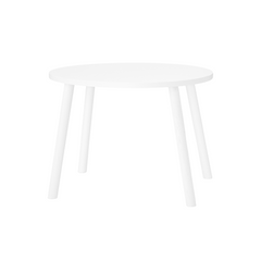 A minimalist white wooden stool with a round top and three tapered legs, shown against a solid white background.