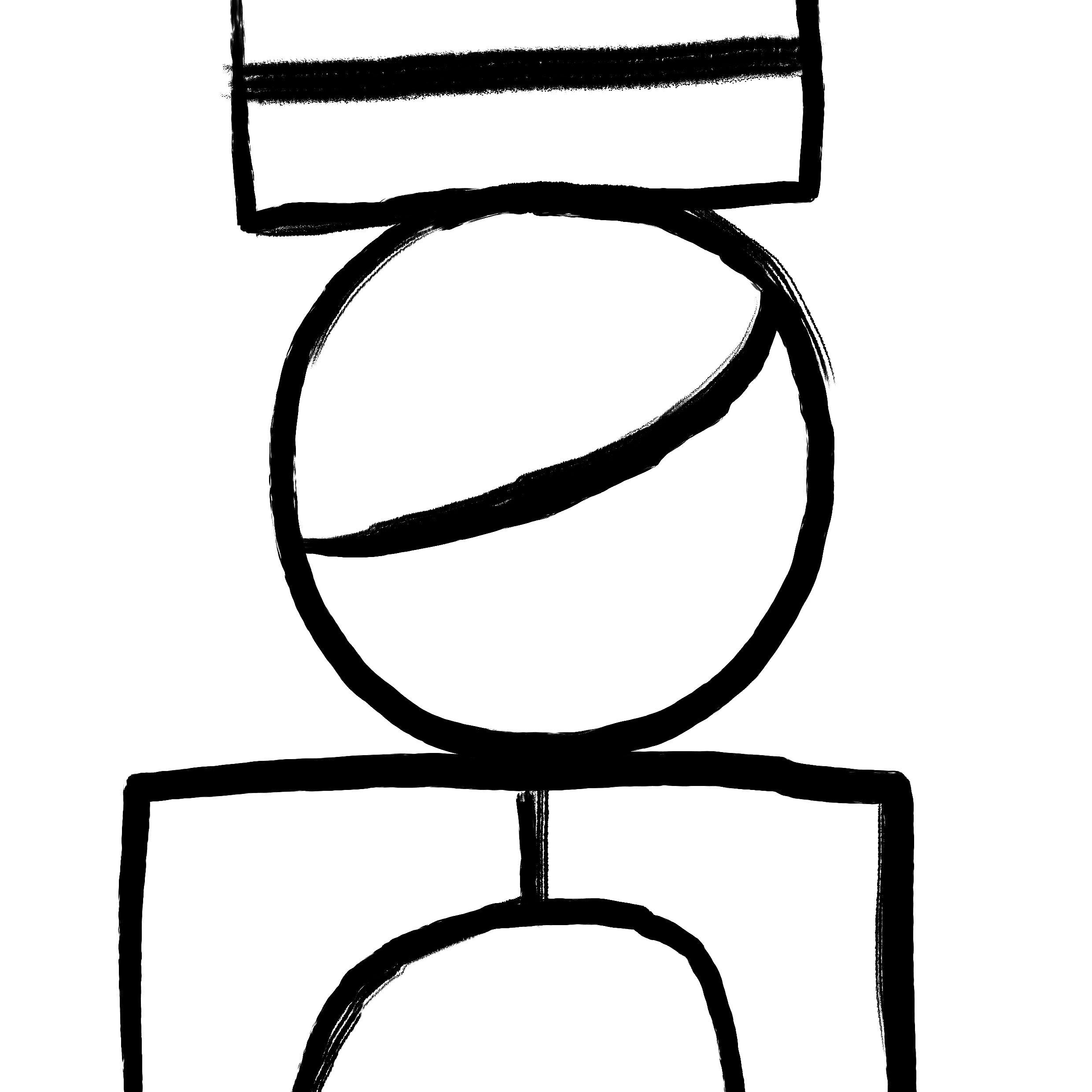 A minimalist black line art graphic of a stylized figure, resembling a stick figure with a rectangular headband or hat, a circular head with a diagonal line, and a blocky lower body, set against a solid white background.
