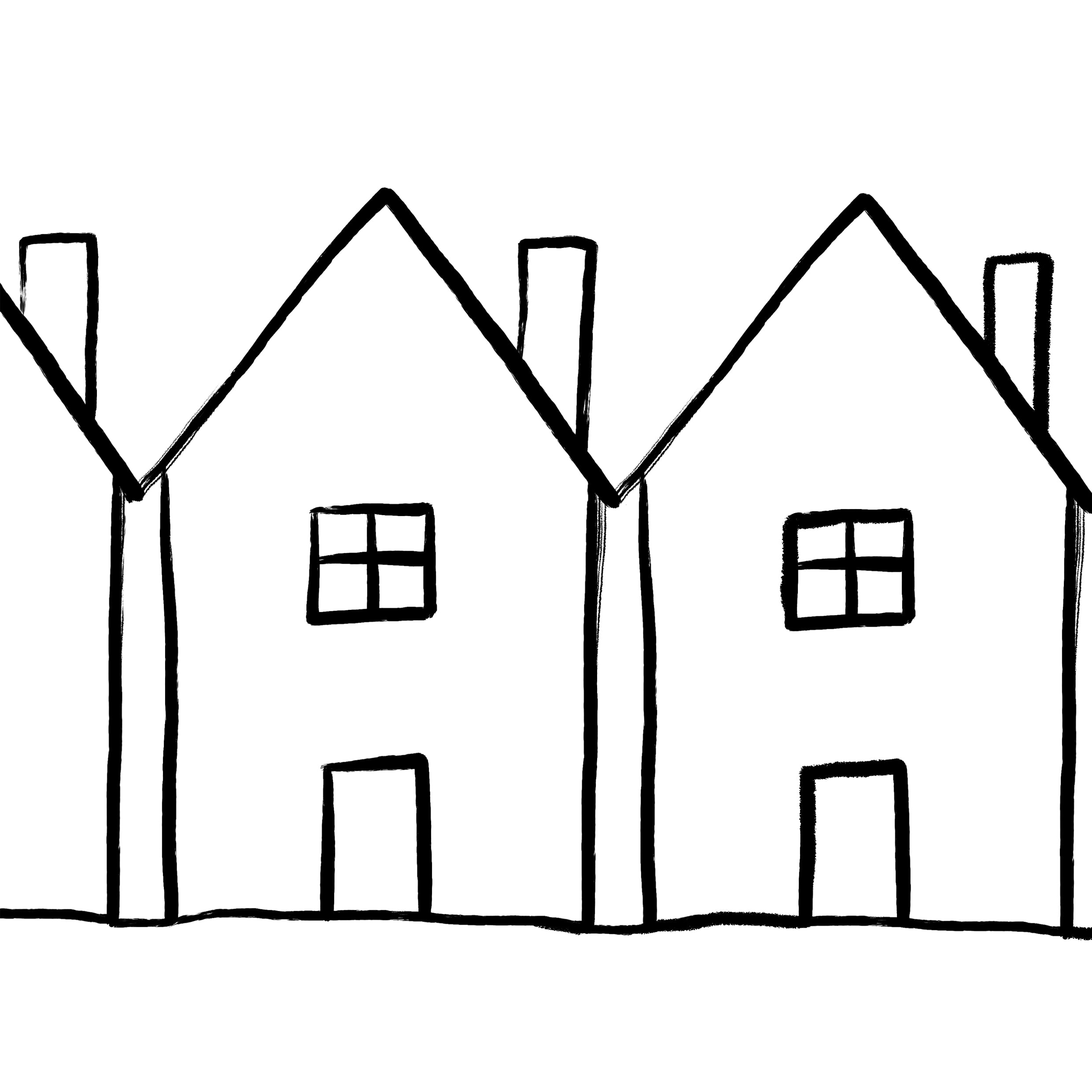 A simple black-and-white line drawing of three houses with chimneys and windows on a plain white background.