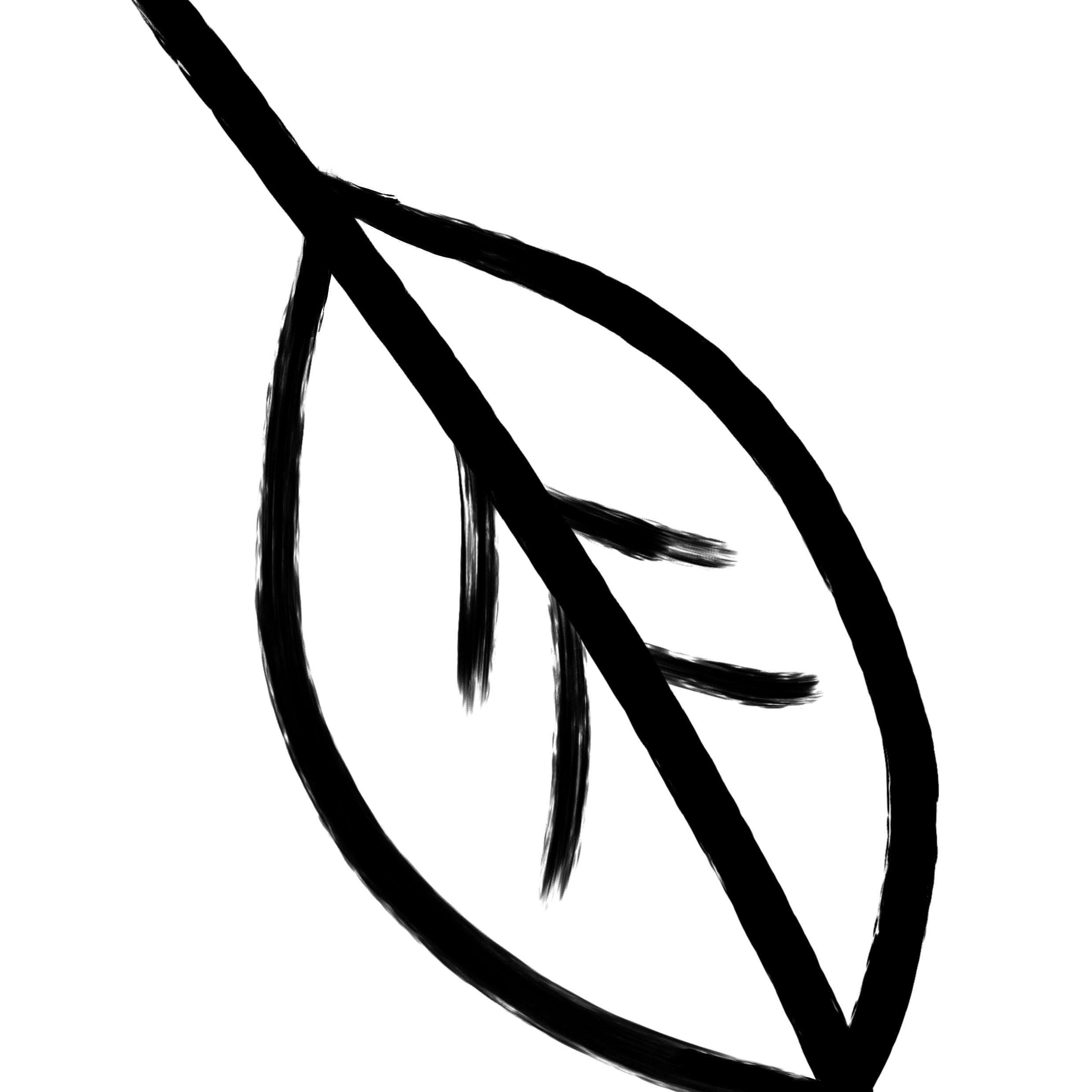 A minimalist black ink sketch of a single leaf with a thick stem and visible brushstroke texture, centered on a plain white background.