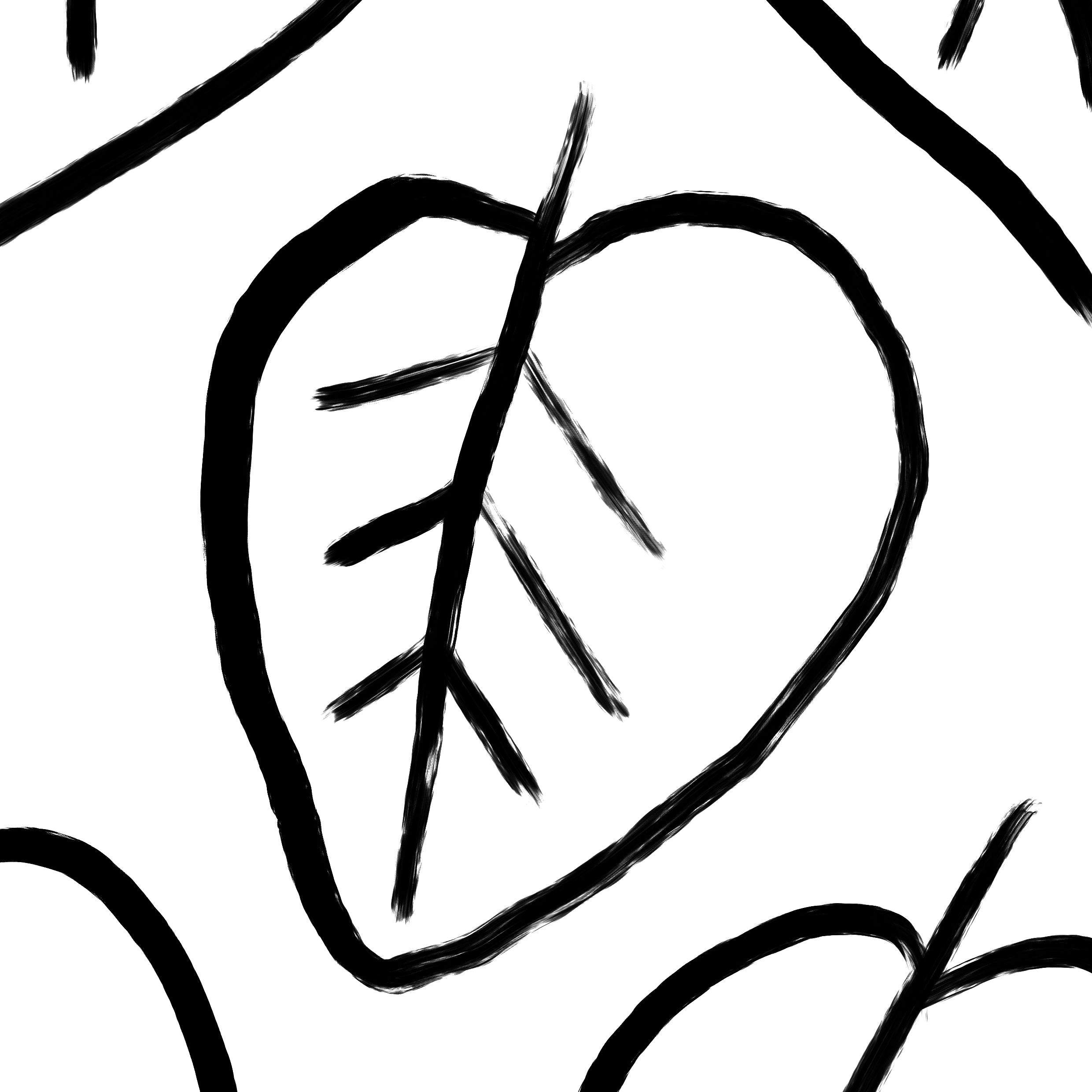 A repeating black hand-drawn leaf pattern on a white background, with one central leaf outlined in bold brushstroke style.