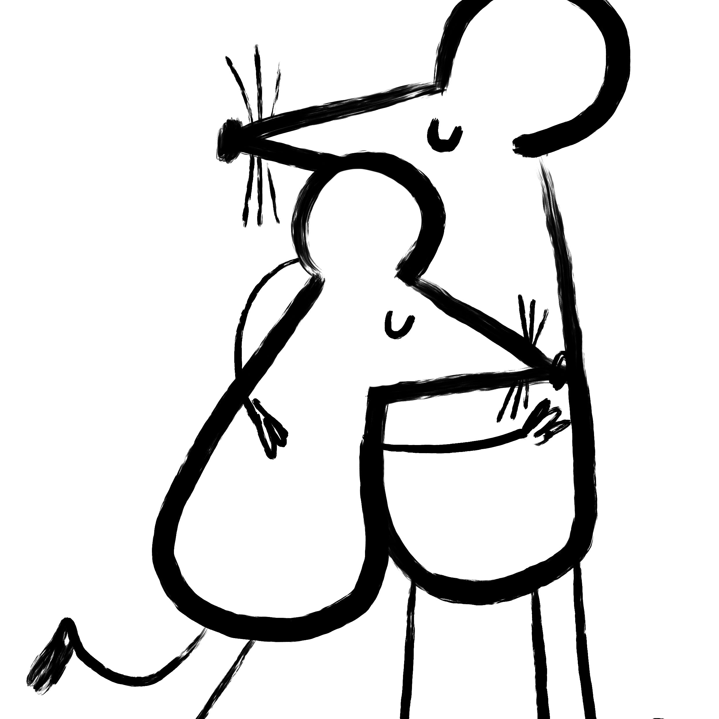 A minimalist black line drawing on a white background showing two stylized mouse-like figures embracing, with long snouts, round heads, and simple body shapes.