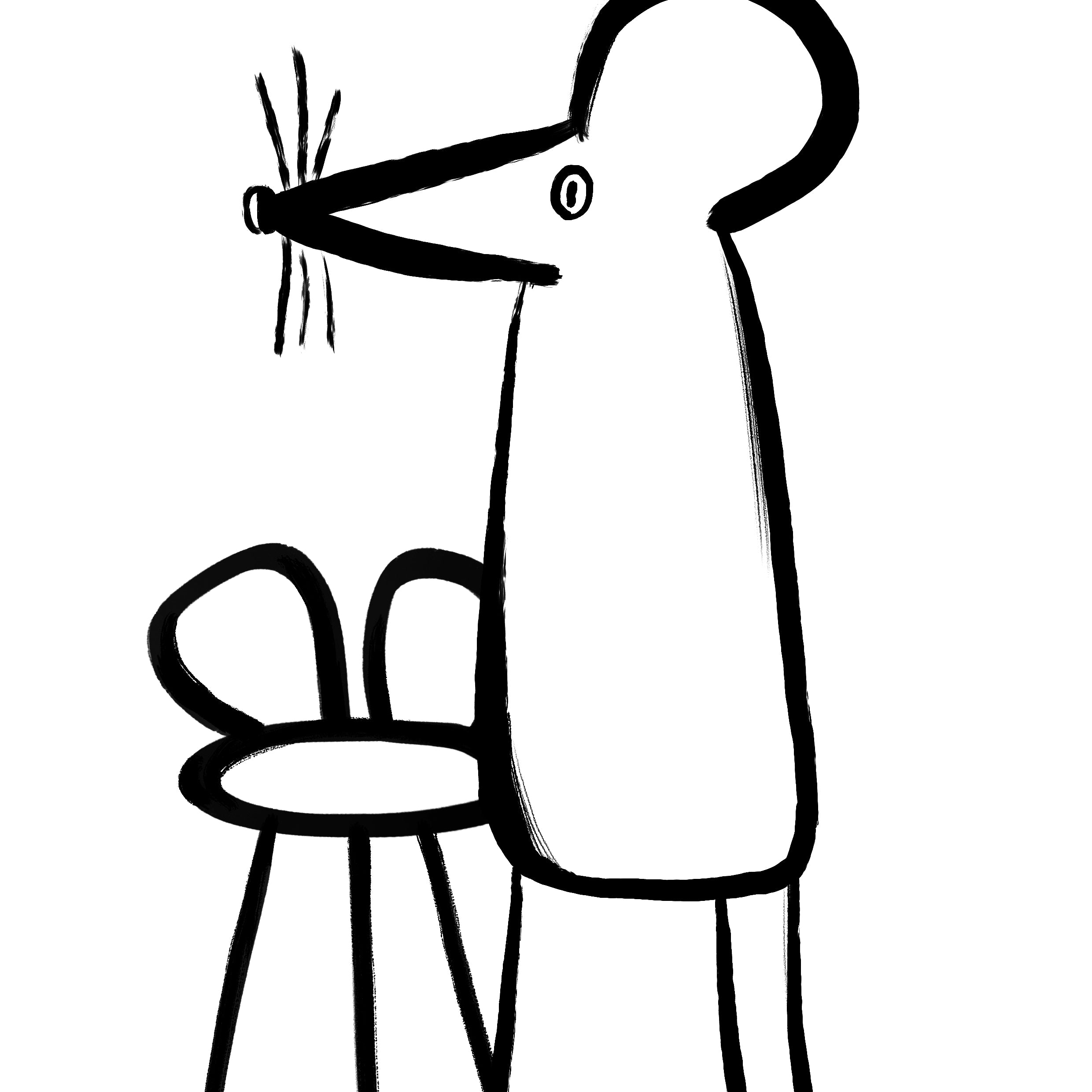 A minimalist black line drawing of a tall, slender mouse-like figure standing beside a small round stool on a plain white background.