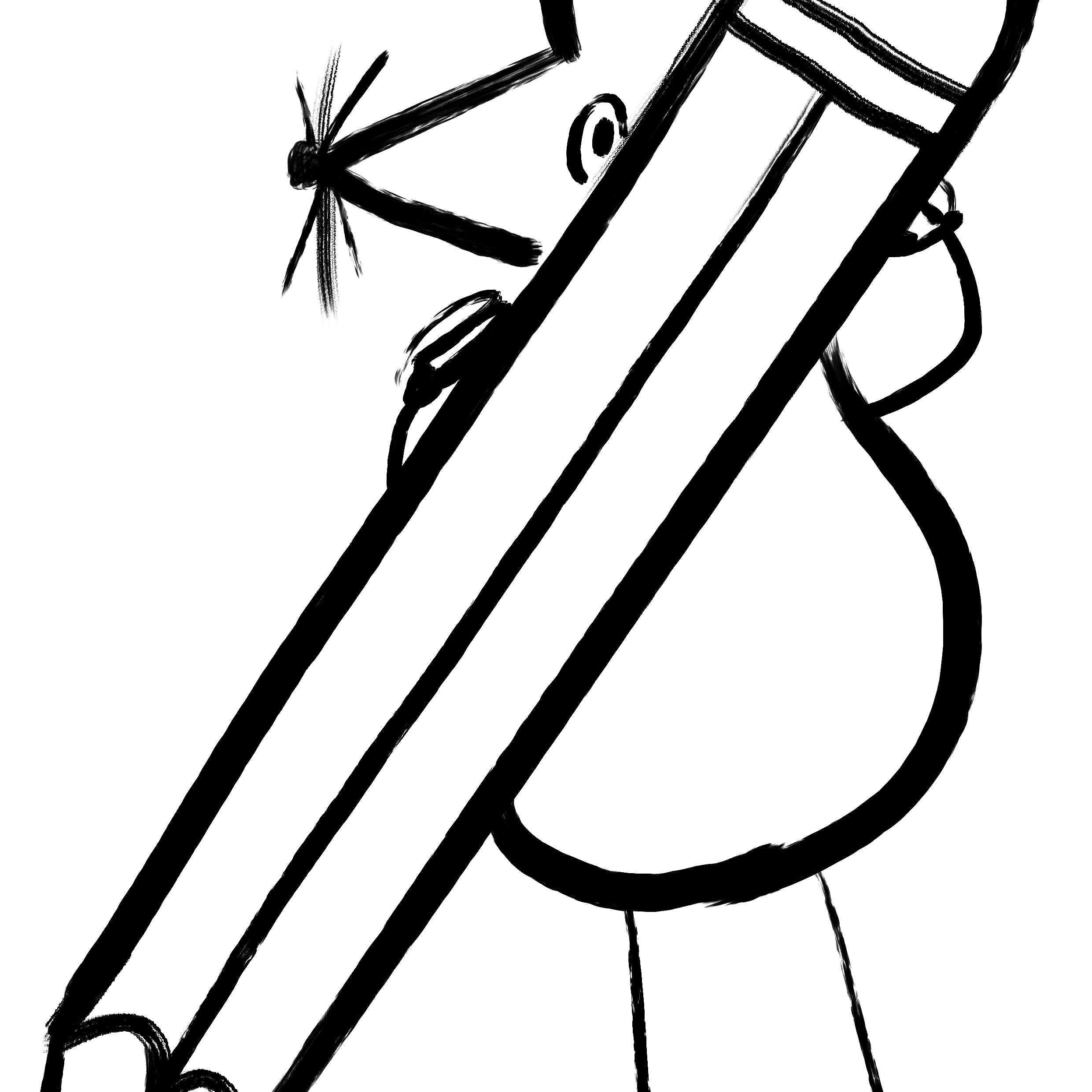 A black and white cartoon illustration of a round, stick-figure-like character holding a giant pencil, with a small starburst detail near the head area, on a plain white background.