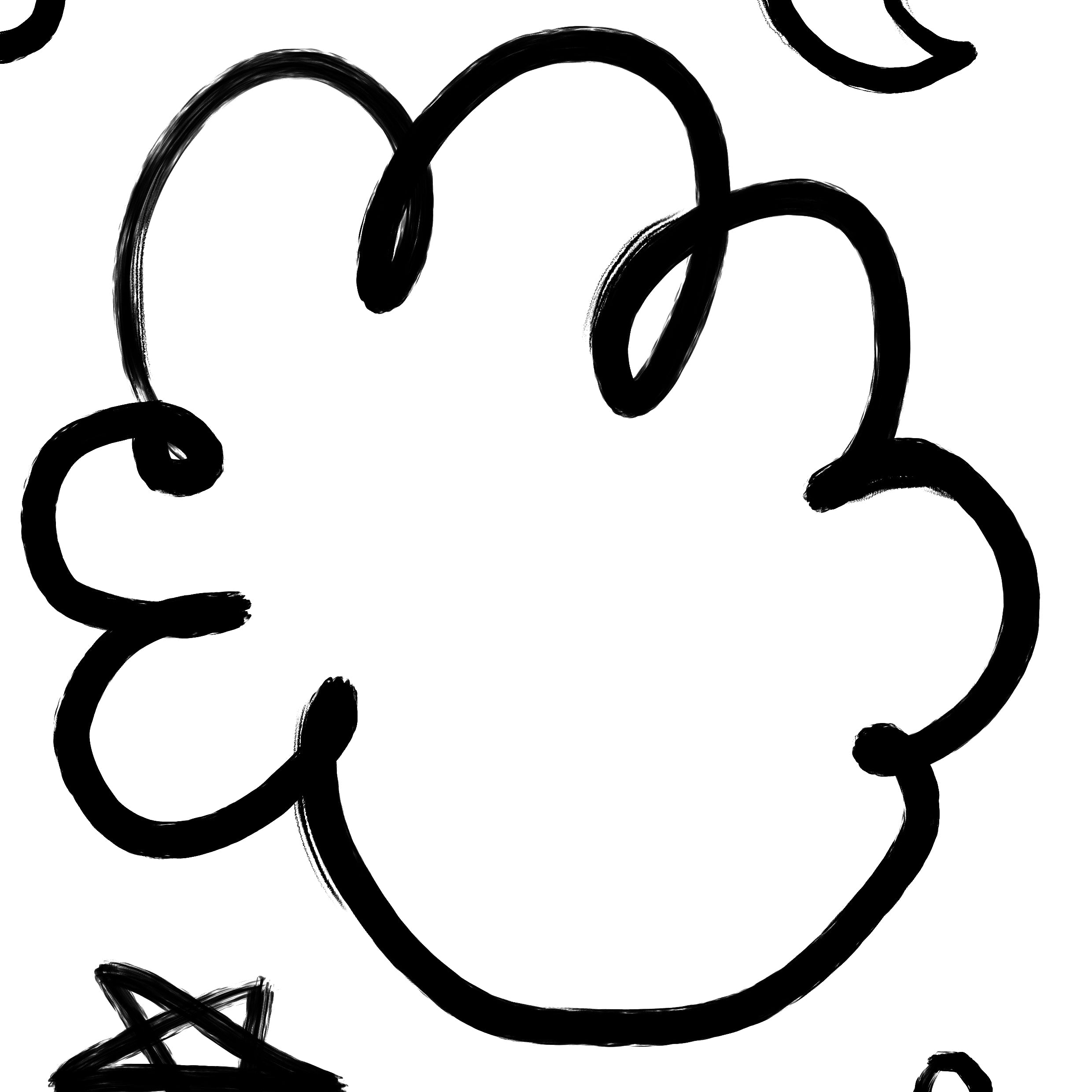 Black ink doodle-style illustration on a white background, featuring a large cloud outline, a crescent moon, a star, and partial circular shapes.