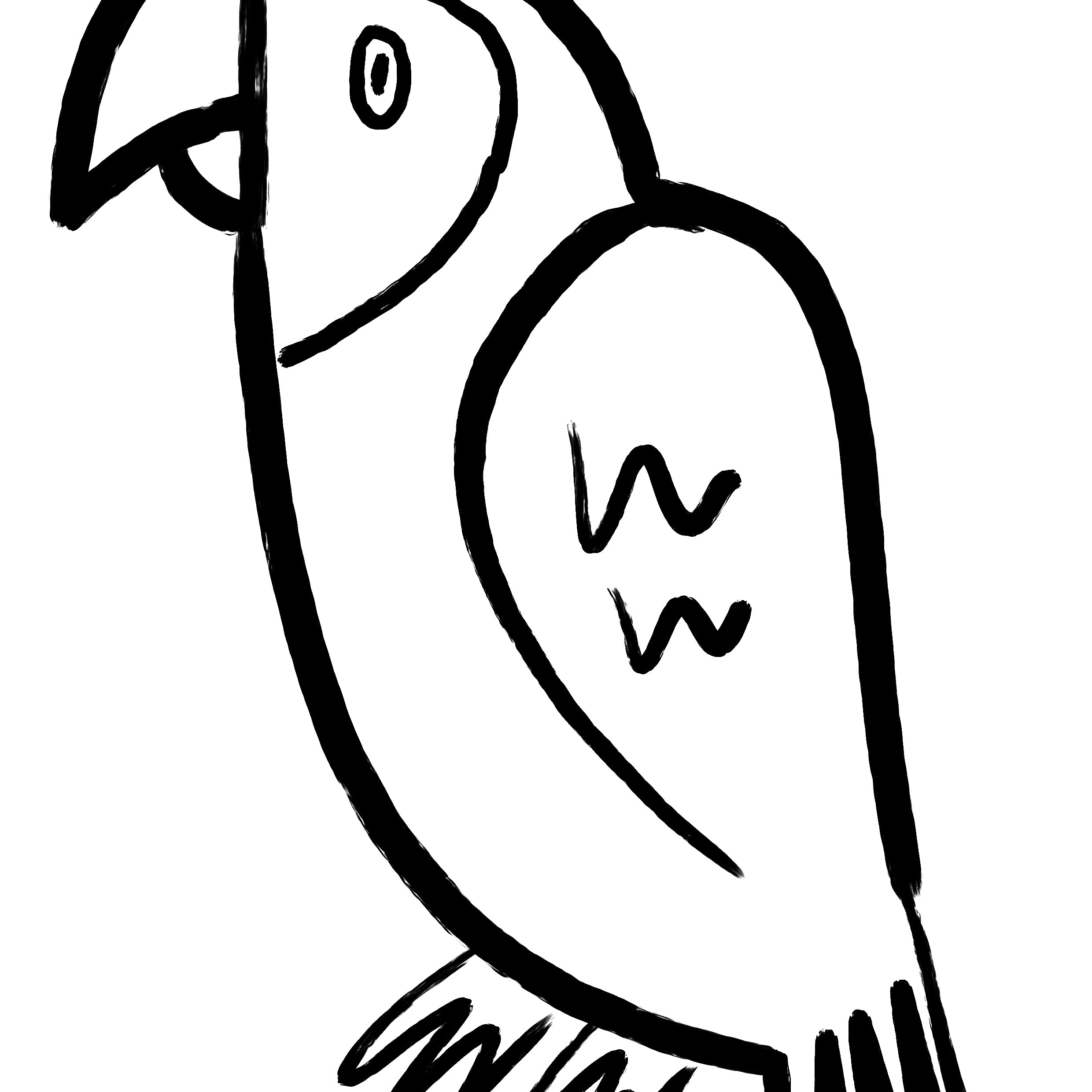 A minimalist black line art illustration of a parrot on a solid white background.