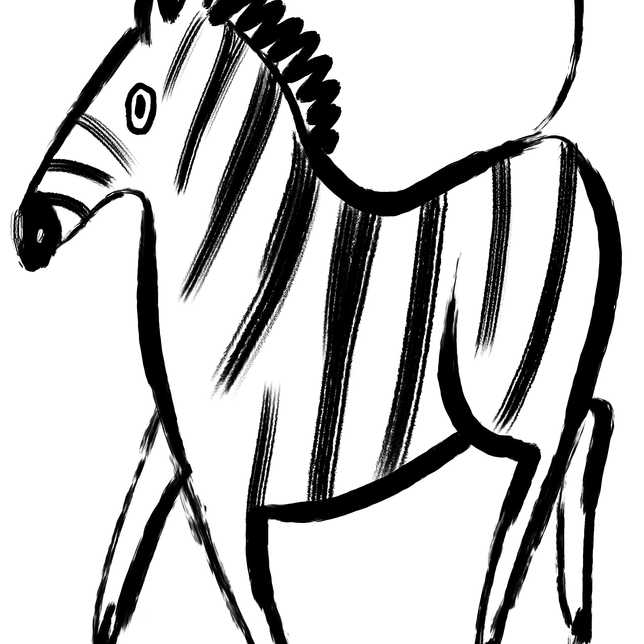 A black and white hand-drawn sketch of a zebra, shown against a solid white background.