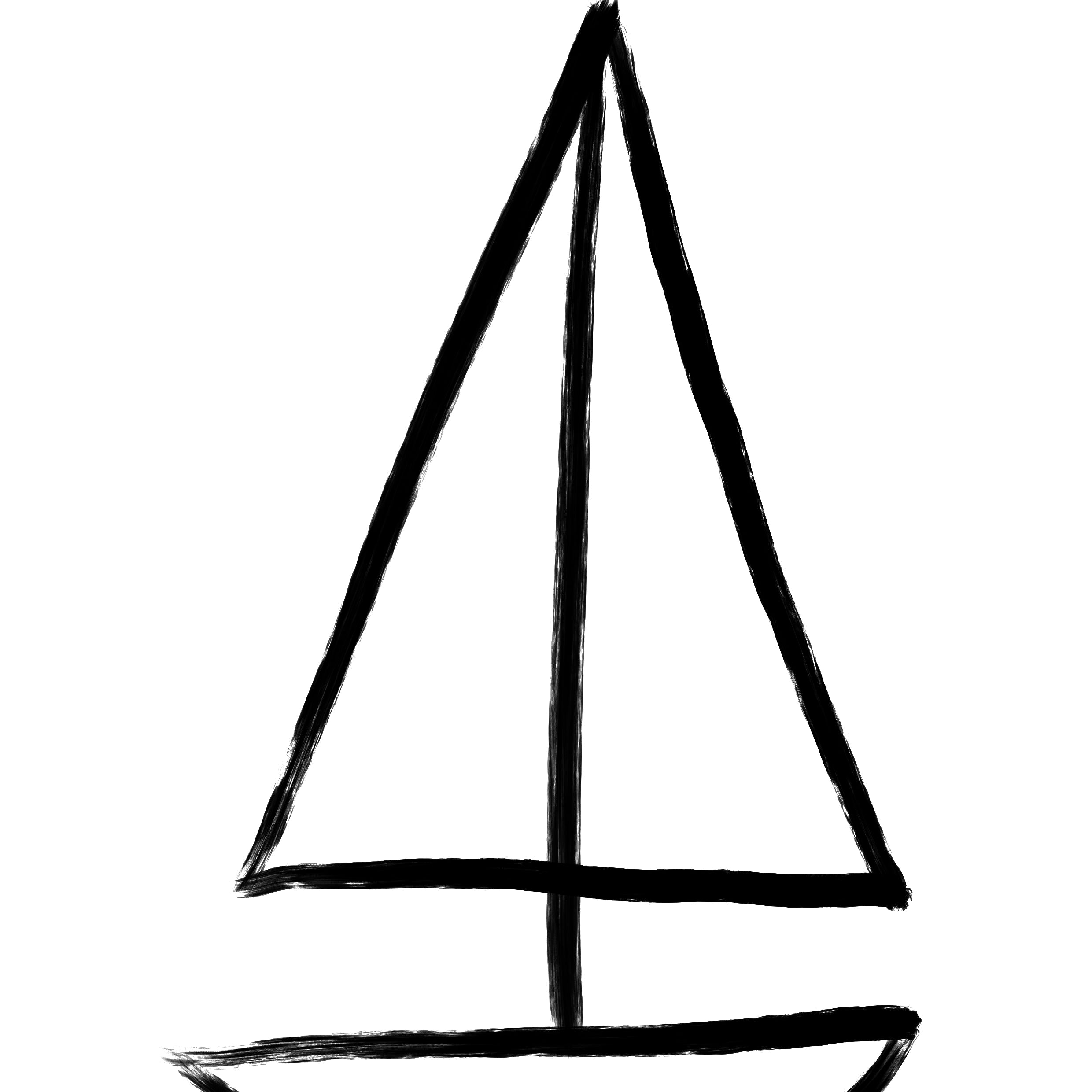 A minimalist black ink drawing of a sailboat on a plain white background.
