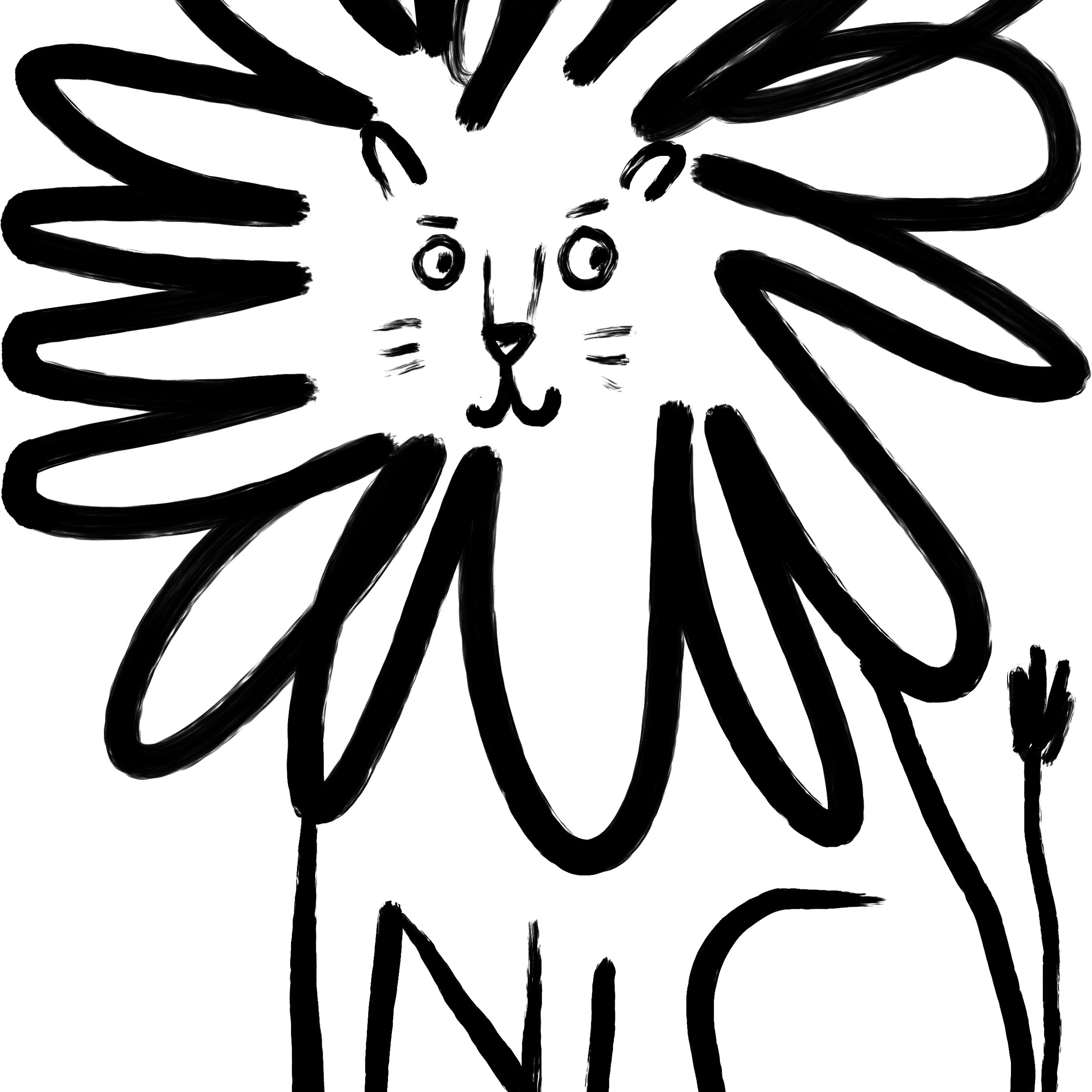 A black and white cartoon drawing of a lion with a large mane, simple facial features, and a short tail on a plain white background.