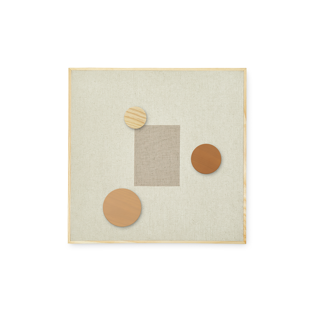 A square abstract wall art piece with a light wood frame, featuring a textured beige linen-like background with geometric shapes in tan, brown, and a striped light wood circle, shown on a white background.