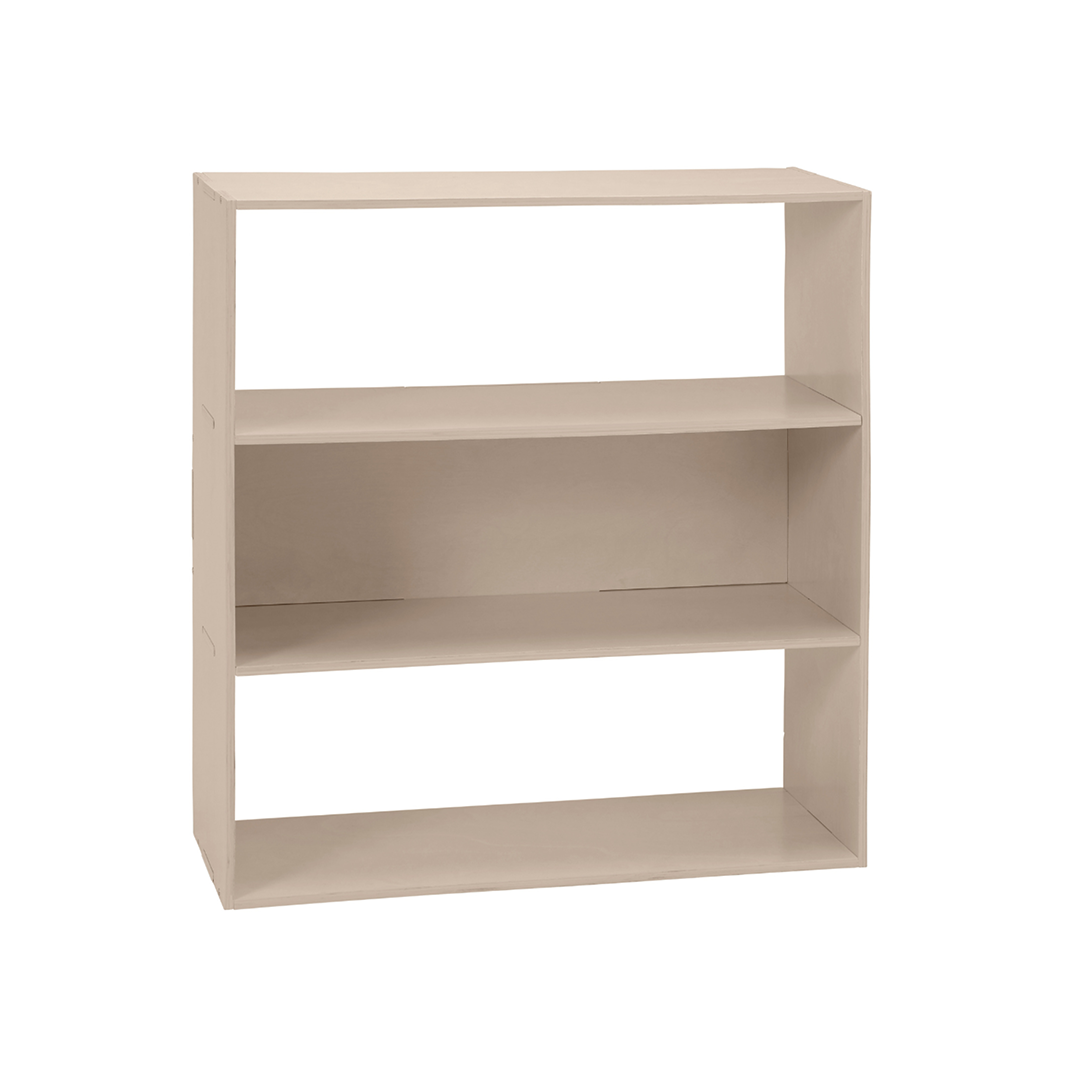A three-tier wooden bookcase with a light beige finish, shown from a three-quarter angle on a solid white background.