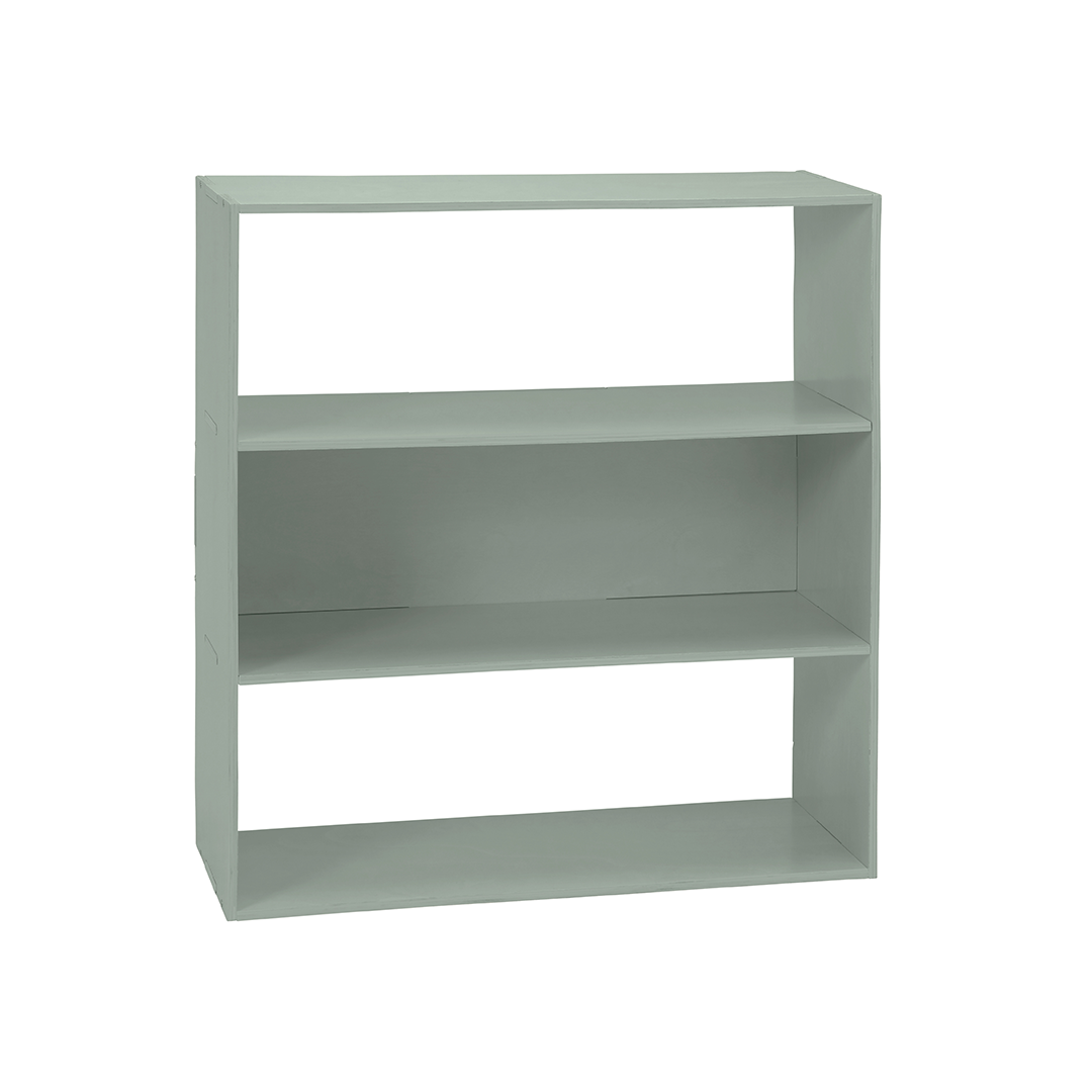 A three-tier open bookcase in a muted sage green color, shown from a three-quarter angle against a plain white background.