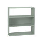 A three-tier open bookcase in a muted sage green color, shown from a three-quarter angle against a plain white background.
