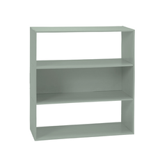 A three-tier open bookcase in a muted sage green color, shown from a three-quarter angle against a plain white background.