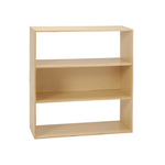 A three-tier wooden bookshelf with a light natural wood finish, shown against a plain white background.