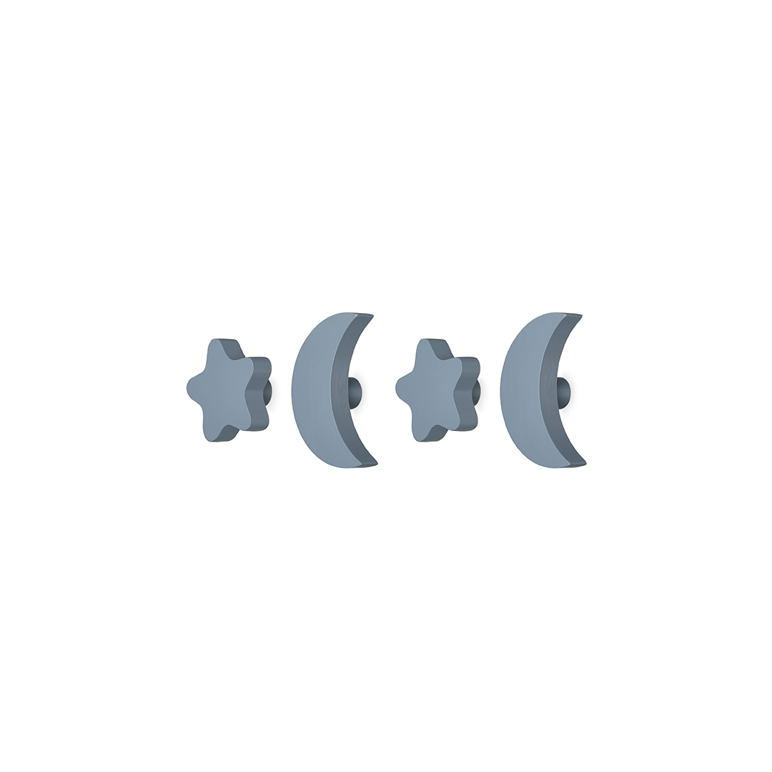 Four gray plastic hardware components, including two star-shaped pieces and two crescent-shaped pieces, arranged horizontally on a plain white background.