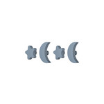 Four gray plastic hardware components, including two star-shaped pieces and two crescent-shaped pieces, arranged horizontally on a plain white background.