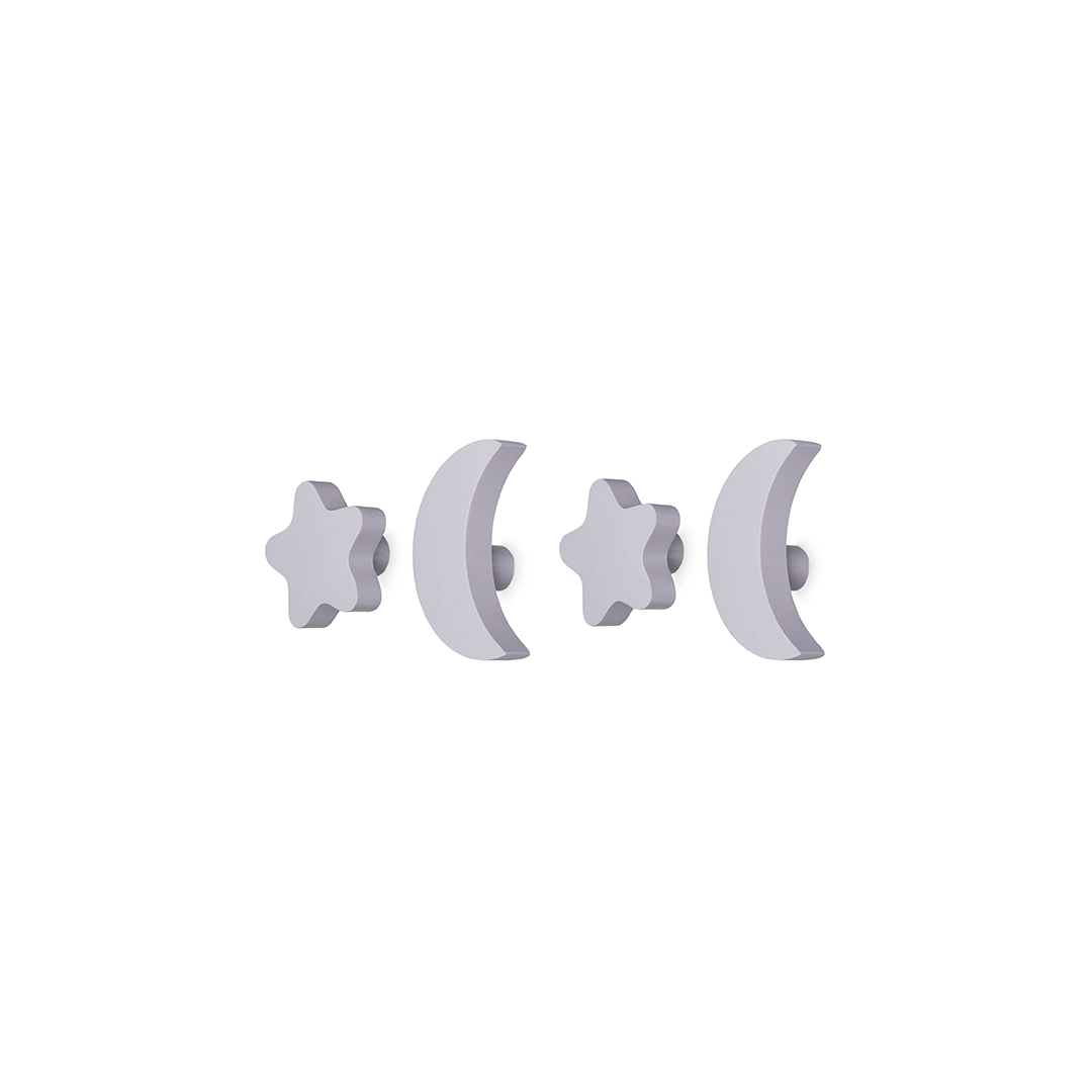 Four light gray stud earrings on a plain white background, including two crescent moon shapes and two starburst shapes.
