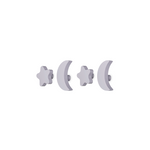 Four light gray stud earrings on a plain white background, including two crescent moon shapes and two starburst shapes.