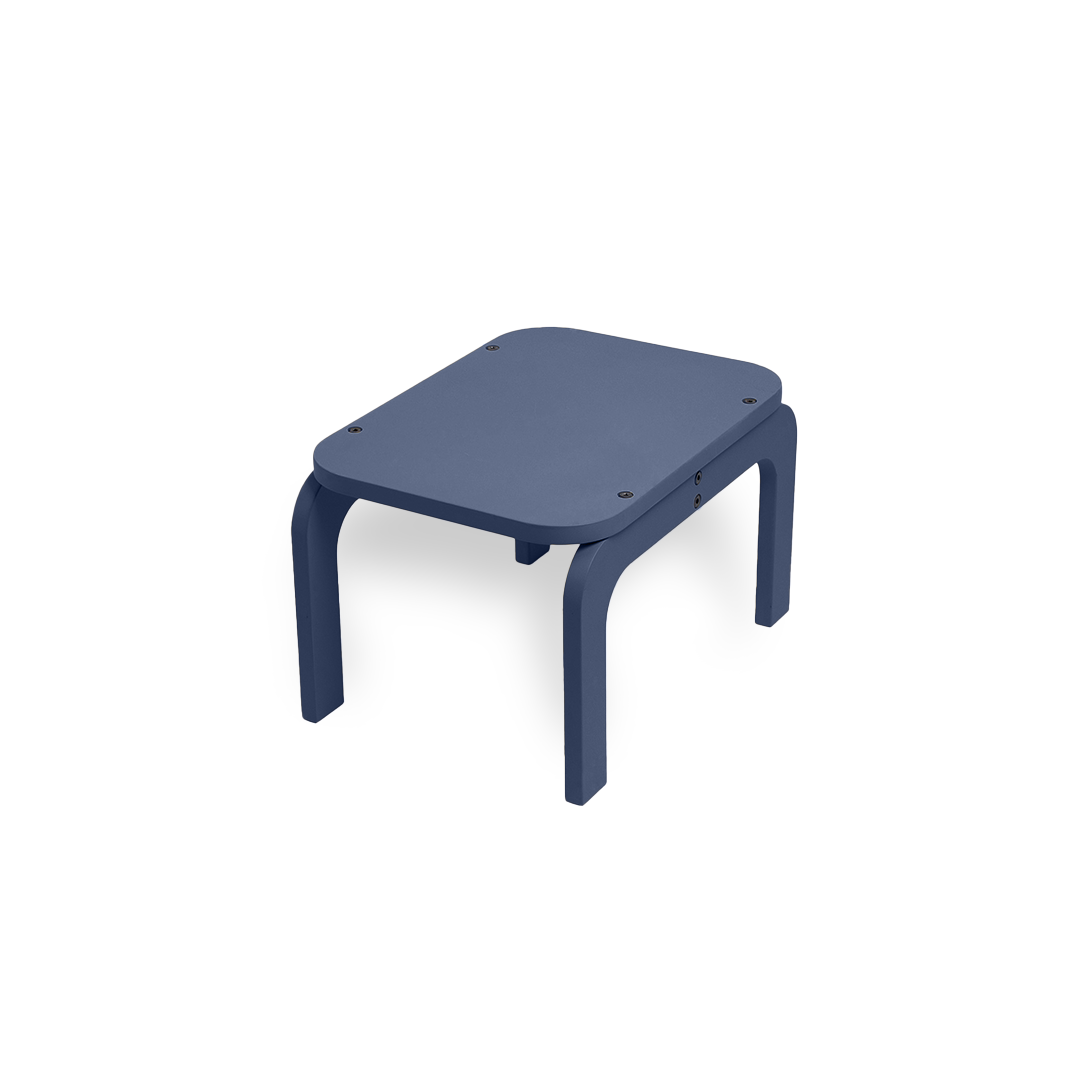 A small navy blue step stool with a rounded rectangular seat and four curved legs, shown on a plain white background.