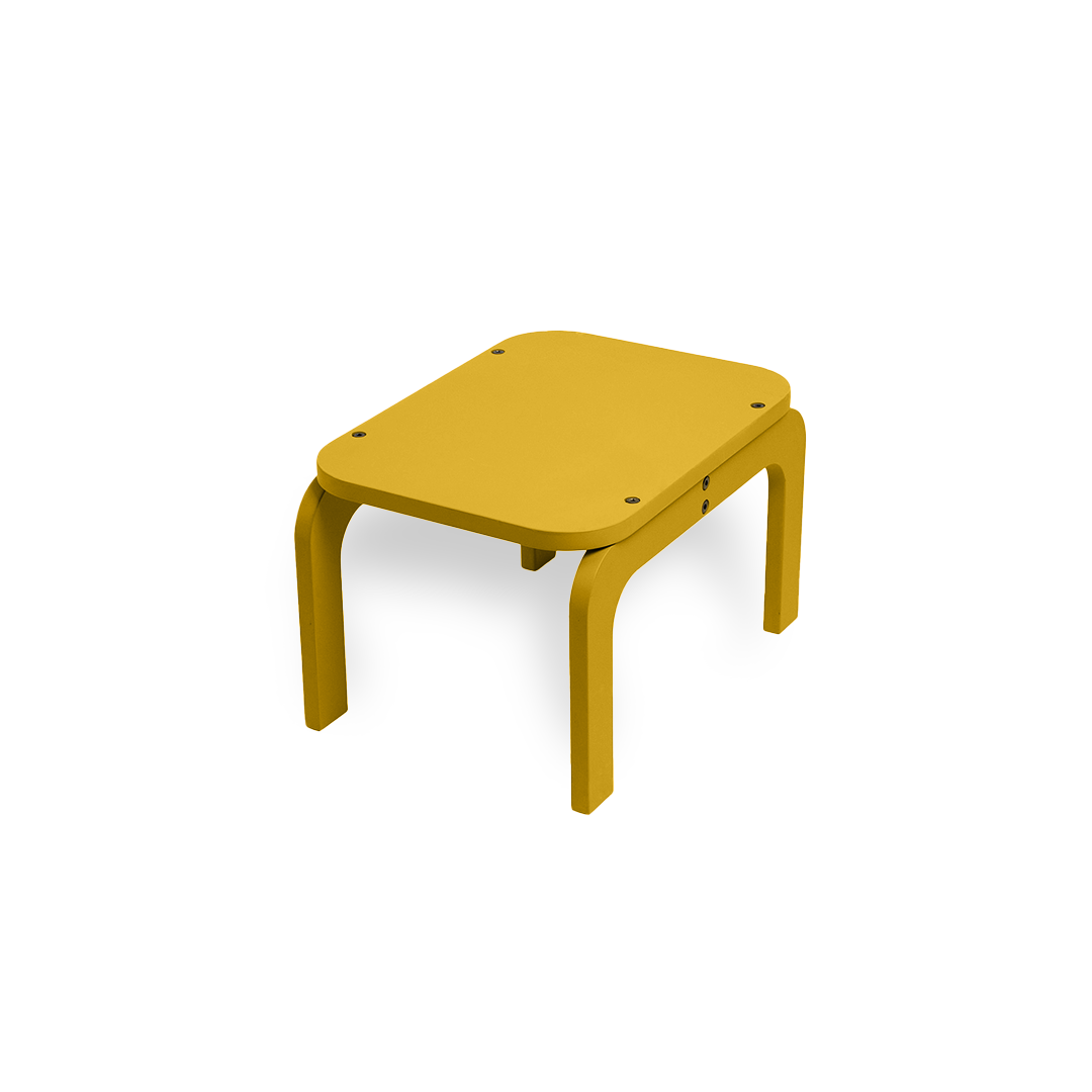 A small yellow plastic step stool with a rounded rectangular top and four curved legs, shown on a plain white background.