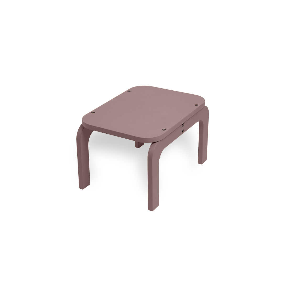 A minimalist, low-profile square stool with a dusty mauve-brown seat and matching curved legs, shown on a clean white background.