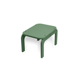A small green folding stool with a rounded rectangular seat and four curved legs, shown on a plain white background.