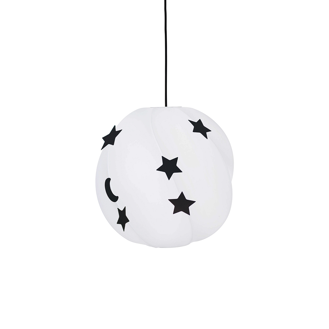 A white spherical pendant lamp with black star and crescent moon cutouts, suspended by a black cord against a plain white background.