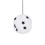 A white spherical pendant lamp with black star and crescent moon cutouts, suspended by a black cord against a plain white background.