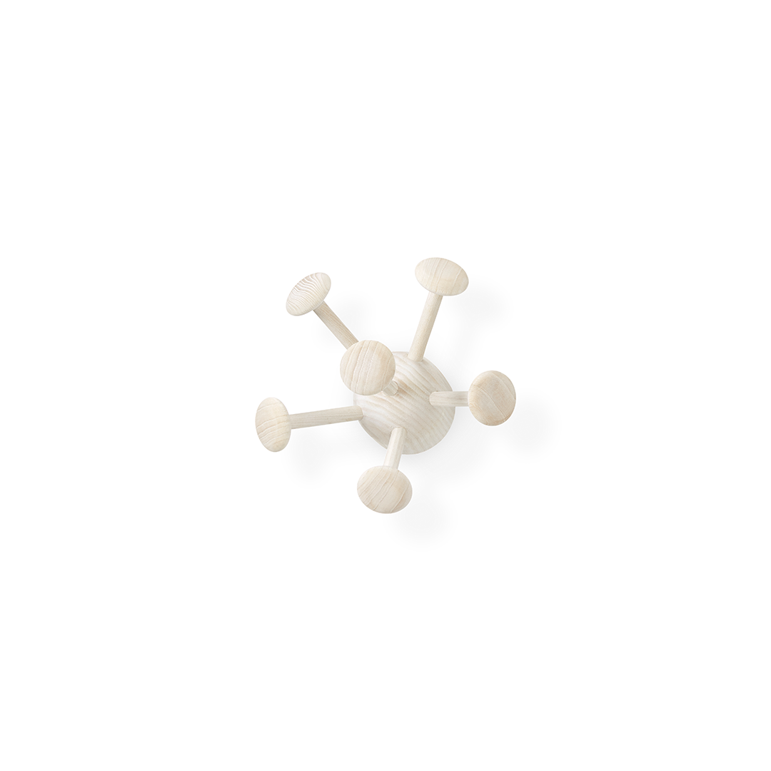 A modern, spherical molecular model coat rack in a light natural wood finish, featuring a central sphere with six radiating posts ending in rounded knobs, shown on a clean white background.