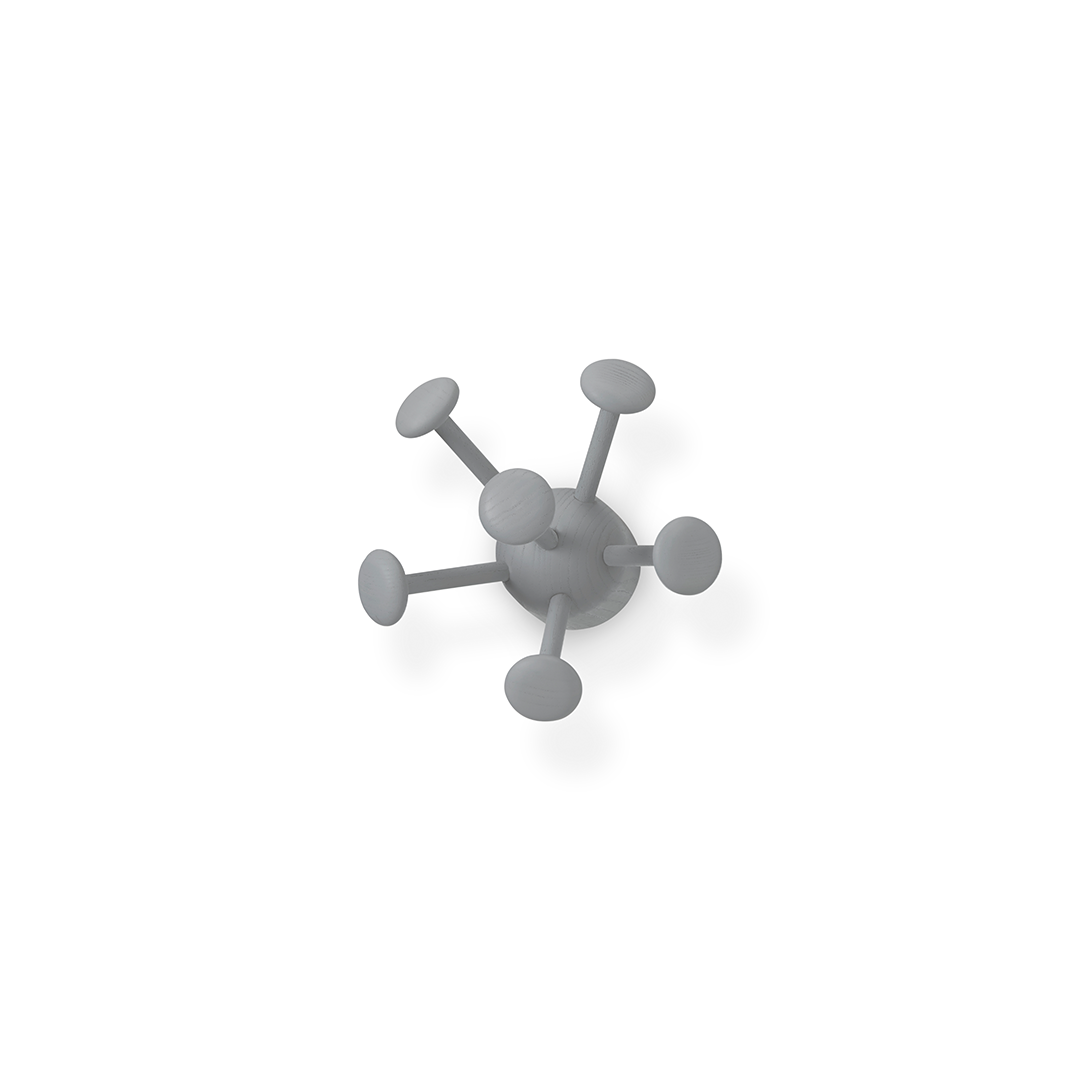 A gray metal multi-branch coat rack with five curved hooks, shown from an overhead perspective on a white background.