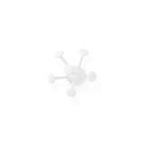A white wall-mounted coat rack with five round peg hooks arranged in a star-like pattern, shown against a plain white background.