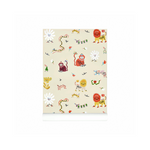 A roll of wallpaper with a whimsical cartoon pattern on a warm cream background. The pattern features colorful animals and flowers, including a red lion, a brown monkey, a yellow sun, and white flowers with blue centers.