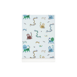 A roll of wallpaper with a light blue background and a whimsical pattern of cartoon animals and abstract shapes in green, blue, brown, yellow, and black.