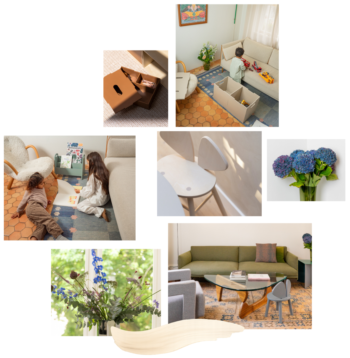 Collage of various home interior scenes including a living room, kitchen, and bedroom.