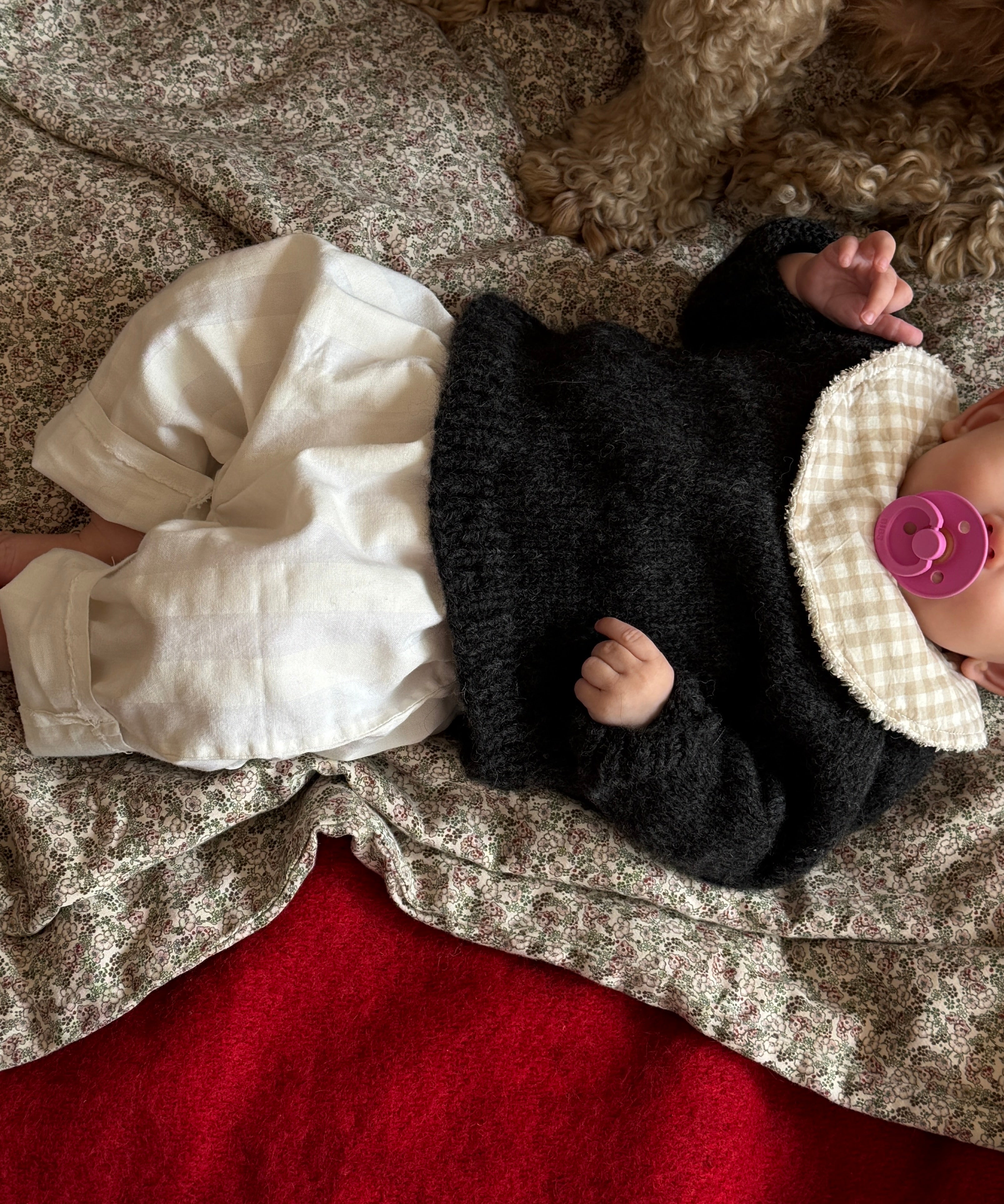 A baby wearing a black knit hooded outfit with a cream gingham check face mask and a pink pacifier, lying on a patterned blanket next to a brown dog.