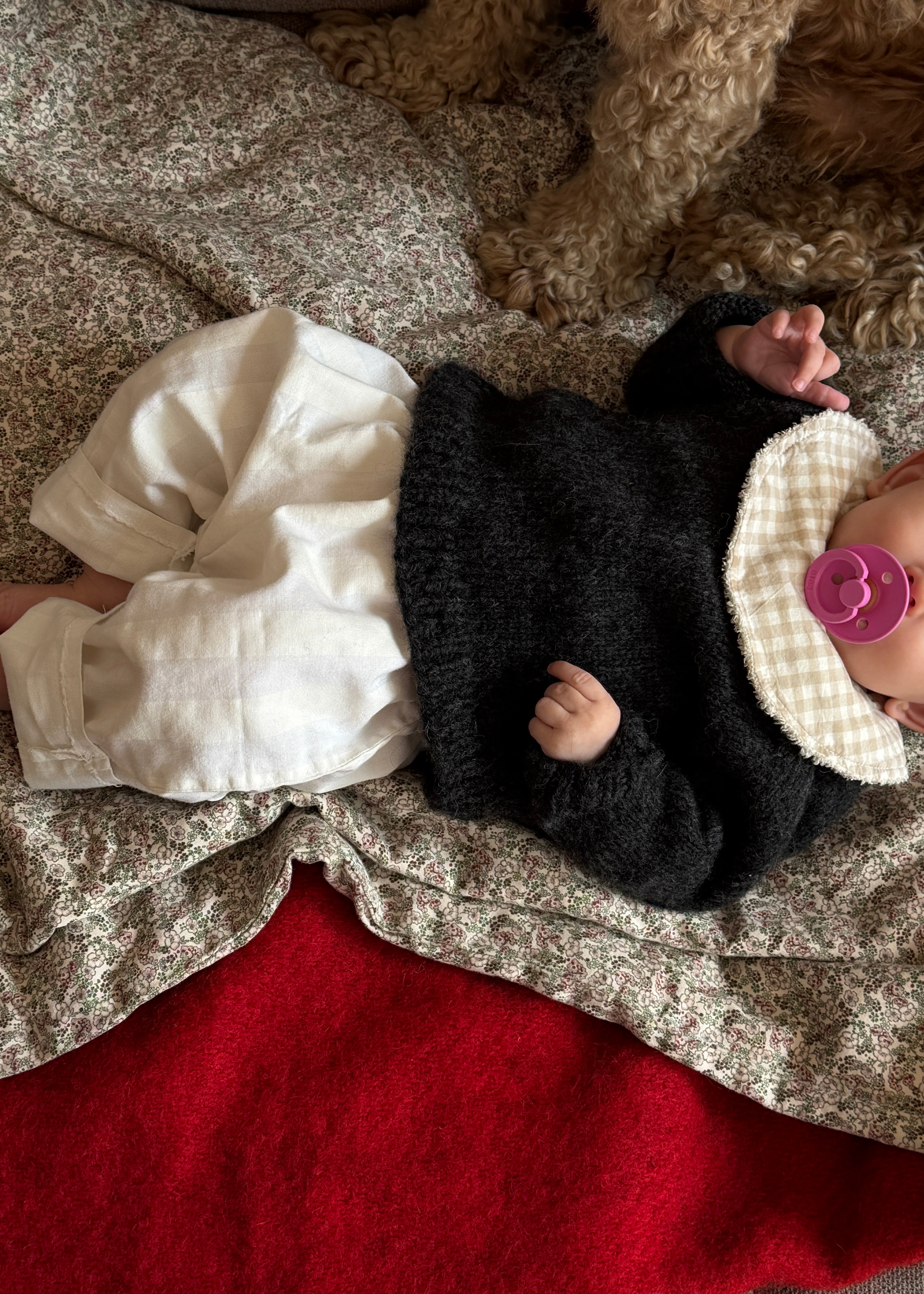 A baby wearing a black knit hooded outfit with a cream gingham check face mask and a pink pacifier, lying on a patterned blanket next to a brown dog.