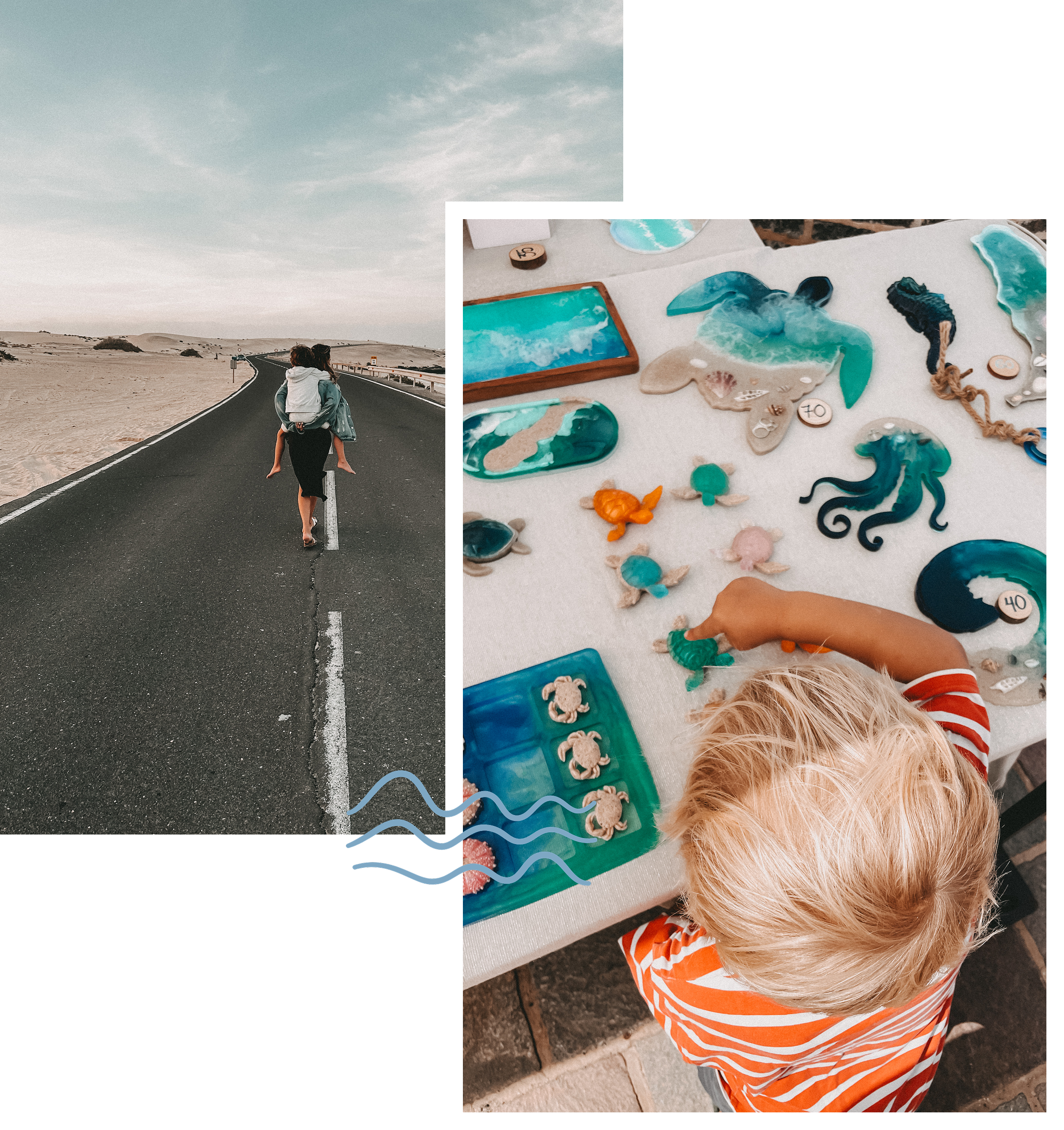 A collage-style lifestyle scene showing a woman walking away on a desert road and a child at a table making or playing with colorful sea-themed crafts and small figurines. The overall composition uses a white background with a decorative blue wave graphic near the bottom.