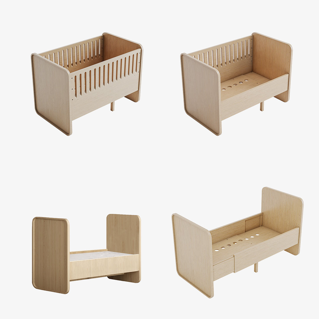Four views of a light natural wood baby crib or toddler bed frame on a plain white background, showing different configurations including crib, bench, and bed modes.