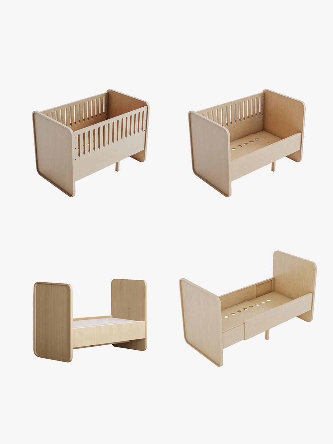 Four views of a light natural wood baby crib or toddler bed frame on a plain white background, showing different configurations including crib, bench, and bed modes.