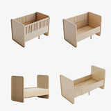 Four views of a light natural wood baby crib or toddler bed frame on a plain white background, showing different configurations including crib, bench, and bed modes.