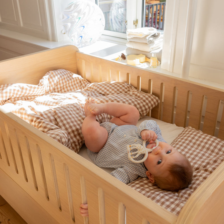 Baby lying in a wooden crib with checkered bedding, holding a teething toy.