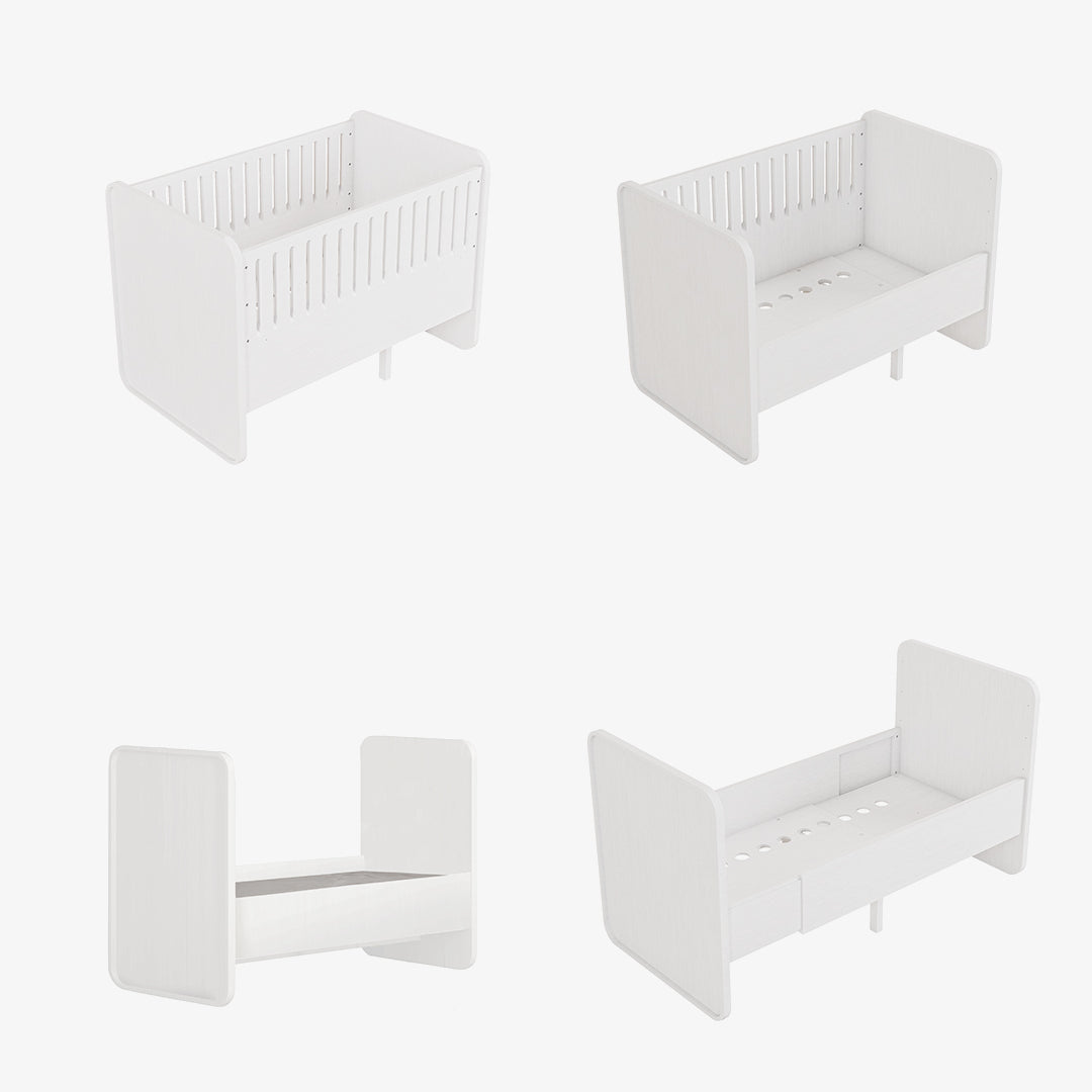 Four views of a white convertible toddler bed set on a light gray background, showing different configurations including crib, bench, and single bed with side table.