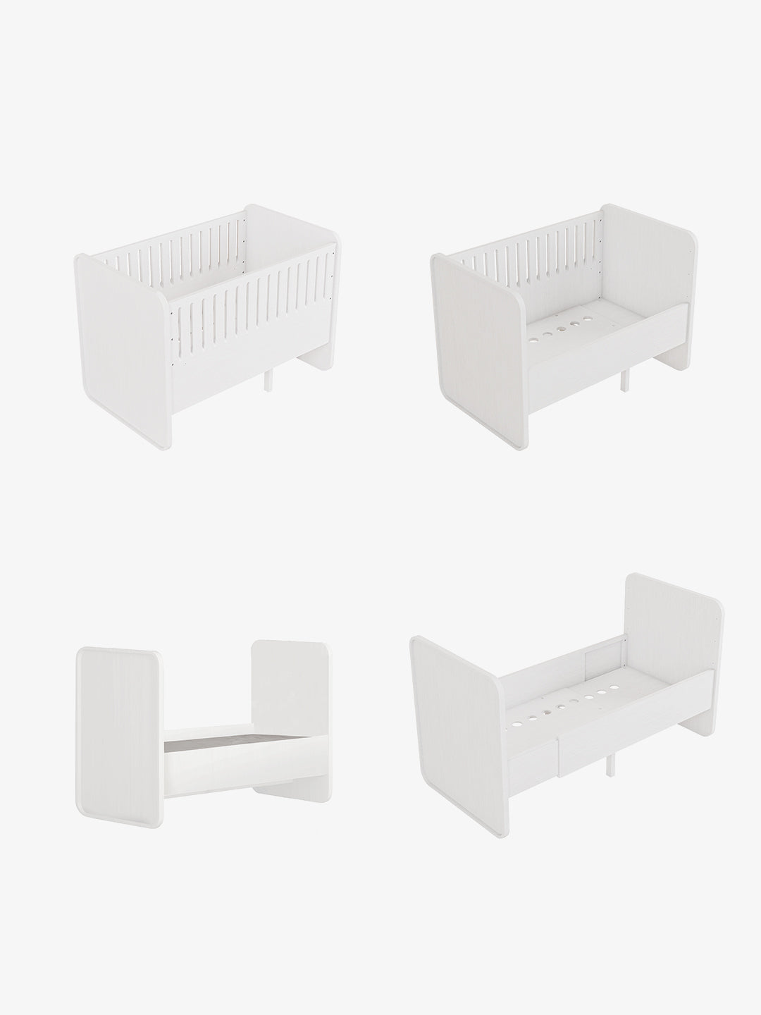 Four views of a white convertible toddler bed set on a light gray background, showing different configurations including crib, bench, and single bed with side table.