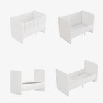 Four views of a white convertible toddler bed set on a light gray background, showing different configurations including crib, bench, and single bed with side table.