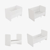 Four views of a white convertible toddler bed set on a light gray background, showing different configurations including crib, bench, and single bed with side table.