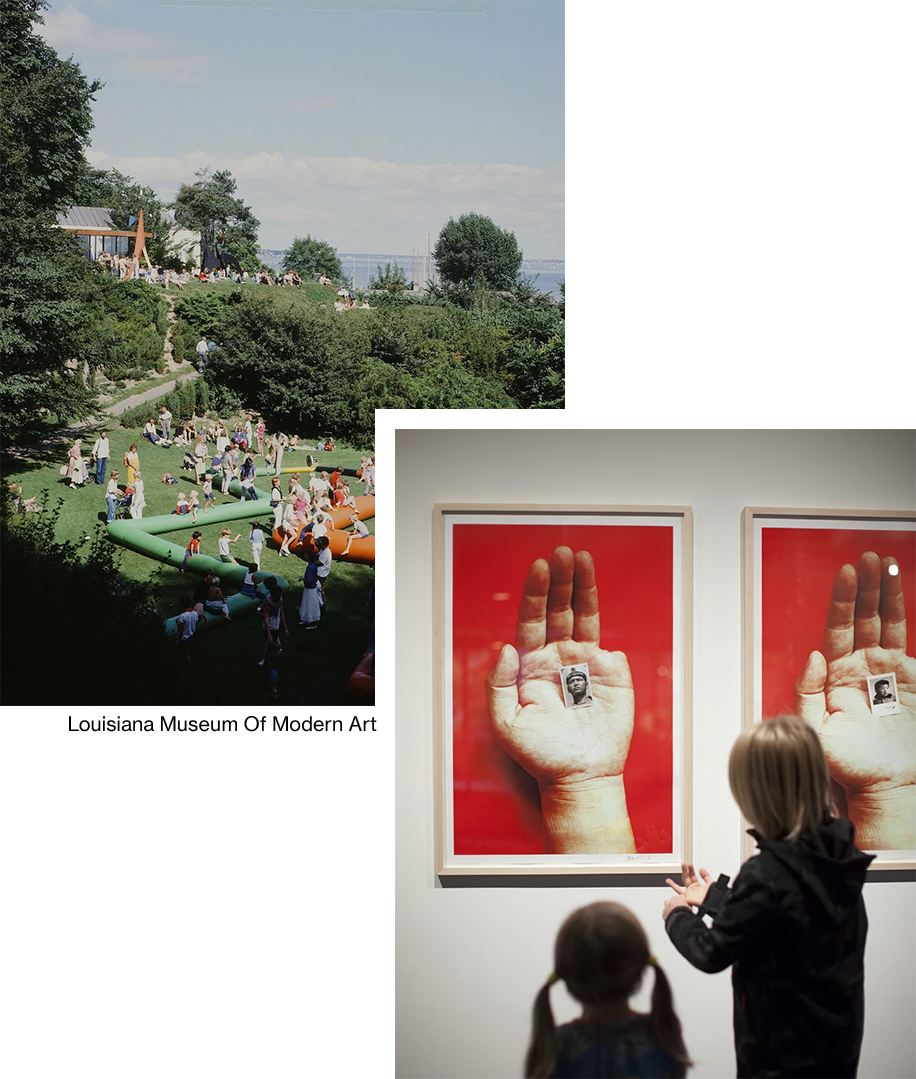 Collage of outdoor scene with people and a museum interior with art on display.